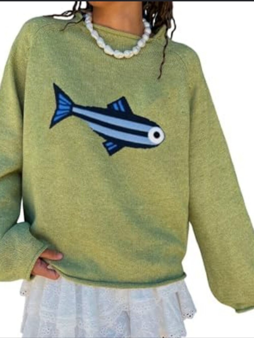Green Fish Graphic Knit Sweater - Women's Crew Neck